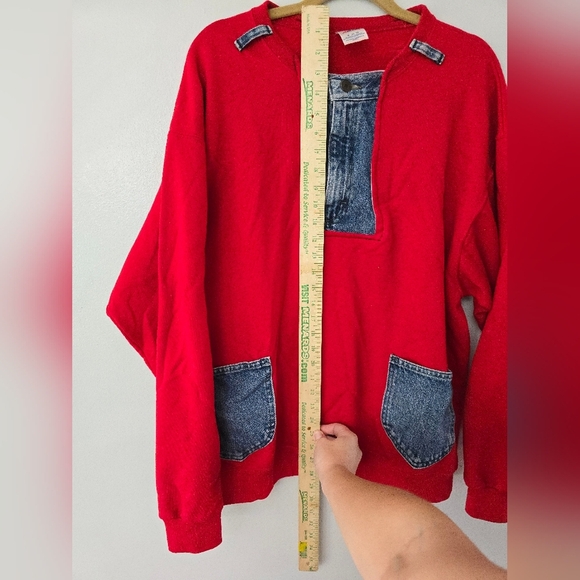 Vtg Handmade Upcycled Red Sweatshirt DENIM Hip Hop Jean Pockets XL - Picture 15 of 16